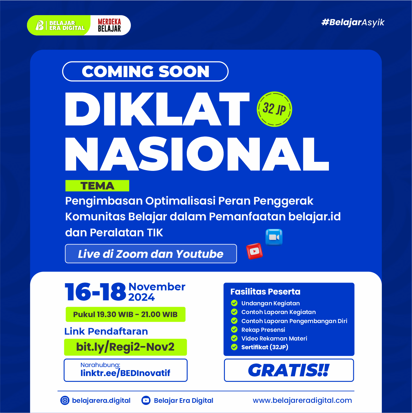 Diklat 32JP: Pengimbasan Optimalisasi Peran Penggerak Komunitas Belajar dalam Pemanfaatan belajar.id dan Peralatan TIK (16-18 November 2024)